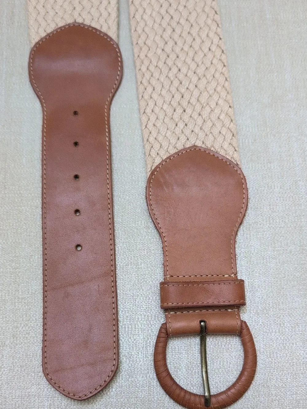 J. McLaughlin Brown Leather-Trim Wide Woven Belt Coastal Preppy Size L/XL